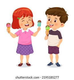 Cute little boy and girl enjoy delicious ice cream while feeling happy. Cartoon character isolated on white background. Vector illustration