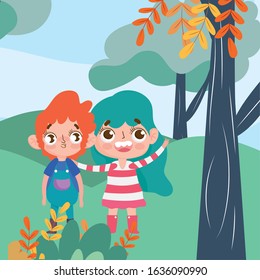 cute little boy and girl expression facial gesture outdoors background cartoon vector illustration