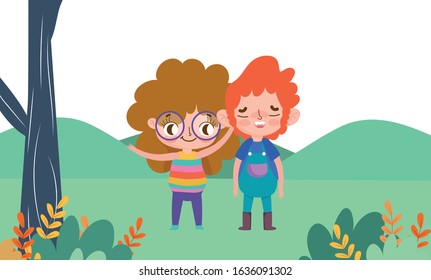 cute little boy and girl expression facial gesture outdoors background cartoon vector illustration