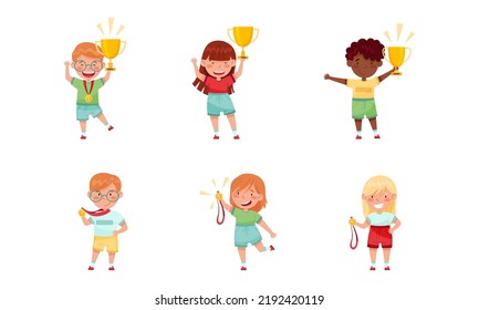 Cute Little Boy and Girl with Gold Medal and Cup as Achievement Award Vector Set