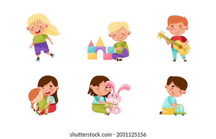 Cute Little Boy and Girl Having Fun Roller Skating and Playing with Toys Vector Set