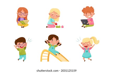 Cute Little Boy and Girl Having Fun Playing Toy Block and Reading Book Vector Set