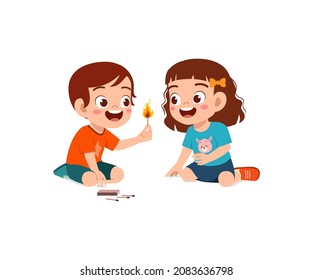 cute little boy and girl holding match stick with fire