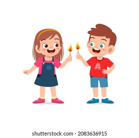cute little boy and girl holding match stick with fire