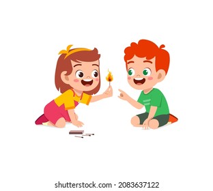 cute little boy and girl holding match stick with fire