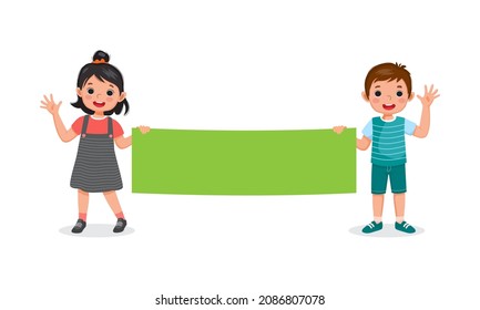 Cute little boy and girl holding long empty banner waving hands. Children holding blank sheet of papers or posters with empty space templates for text, banners and ads.