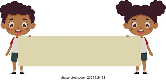 Cute little boy and girl holding an empty banner with place for your text. Template for children design. Cartoon schoolchildren character. Vector illustration.