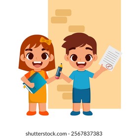 Cute little boy and girl holding school supplies. Vector illustration.