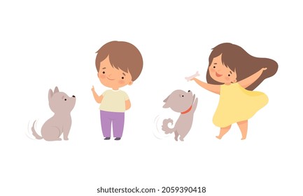 Cute Little Boy and Girl Interacting with Animal in Petting Zoo Vector Set