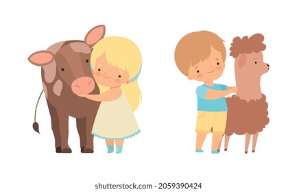 Cute Little Boy and Girl Interacting with Animal in Petting Zoo Vector Set