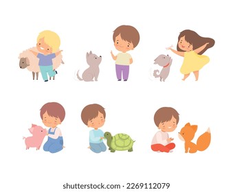 Cute Little Boy and Girl Interacting with Animal in Petting Zoo Vector Set