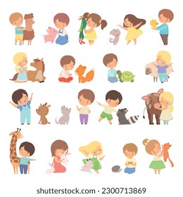 Cute Little Boy and Girl Interacting with Animal in Petting Zoo Big Vector Set