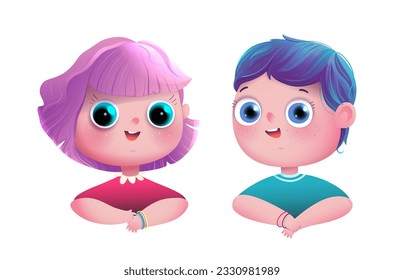 Cute Little Boy and Girl Kids Character Illustration Clip Art. Smiling child cartoon drawing, boy and girl portrait. Vector clip art illustration in watercolor style for children.