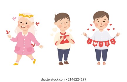 Cute Little Boy and Girl in Love with Heart Envelope and Holding Garland with I Love You Inscription Vector Set