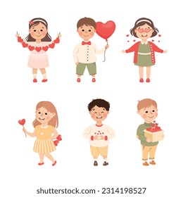 Cute Little Boy and Girl in Love with Heart Gift Feeling Passion Vector Set