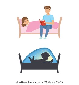 Cute Little Boy and Girl Lying on Bed with Dad Reading Fairy Tale or Fantasy Book Vector Set