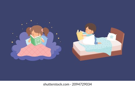 Cute Little Boy and Girl on Soft Cloud and Bed at Night and Reading Bedtime Story Vector Set