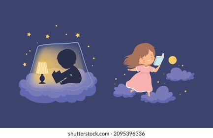 Cute Little Boy and Girl on Soft Cloud at Night and Reading Bedtime Story Vector Set