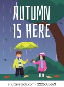 Cute little boy and girl picking mushrooms under the rain, autumn is here - poster template flat vector illustration. Kids in raincoat walking together under umbrella.