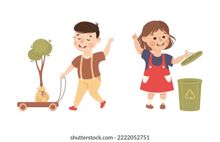 Cute Little Boy and Girl with Plant Sapling and Dustbin Caring About Earth Planet Saving World Vector Set