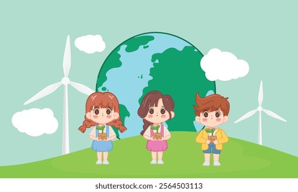 Cute little boy and girl planting the tree seedlings. ESG save world concept.