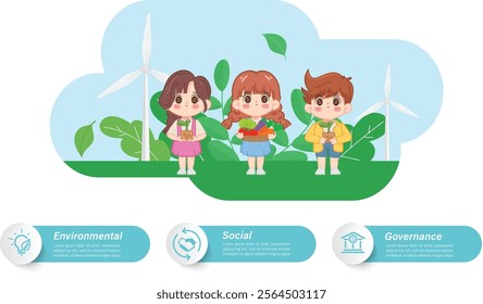 Cute little boy and girl planting the tree seedlings. ESG save world concept.