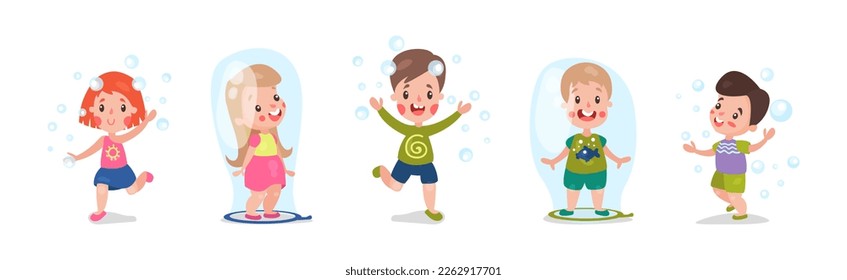 Cute Little Boy and Girl Playing and Blowing Soap Bubbles Vector Set