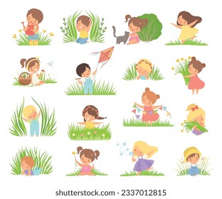 Cute Little Boy and Girl Playing on Green Meadow Grass Big Vector Set