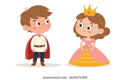 Cute little boy and girl in princess costume. Vector illustration in children's style on white background