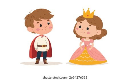 Cute little boy and girl in princess costume. Vector illustration in children's style on white background