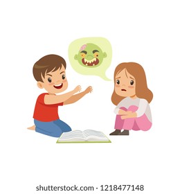 Cute little boy and girl reading a scary book, kids fabulous imagination concept vector Illustration on a white background
