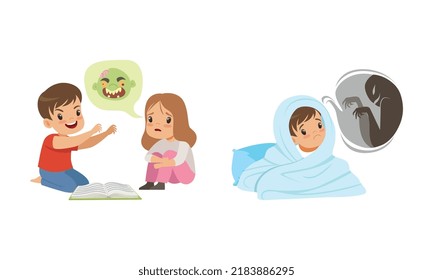 Cute Little Boy and Girl Reading Fairy Tale or Fantasy Book Imagining Scary Monster Vector Set