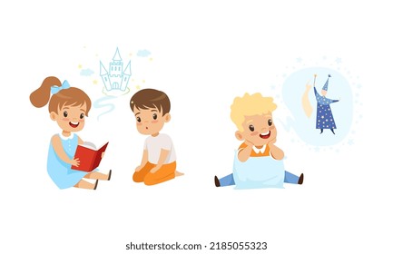 Cute Little Boy and Girl Reading Fairy Tale or Fantasy Book Imagining Castle and Magician Vector Set