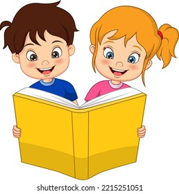 Cute little boy and girl reading a book together