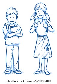 Cute little boy and girl with school bags and books. Hand drawn cartoon doodle vector illustration.