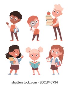 Cute little boy and girl, set of six poses. Back to school concept