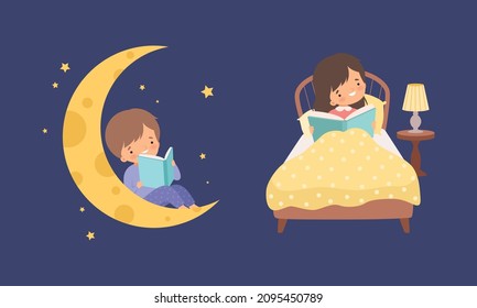 Cute Little Boy and Girl Sitting in Bed and on Crescent at Night and Reading Bedtime Story Vector Set