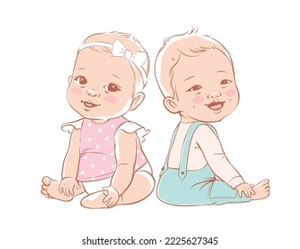 Cute little boy and a girl are sitting and smiling. Active baby 3-12 months in baby. First years baby development. Brother and sister. Caucasian ethnicity. Vector illustration in pastel colors