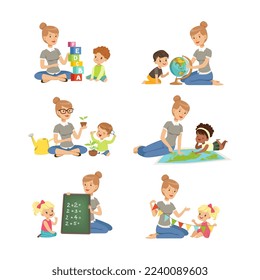 Cute Little Boy and Girl Sitting on the Floor Studying and Learning Alphabet and Geography with Young Teacher Vector Set