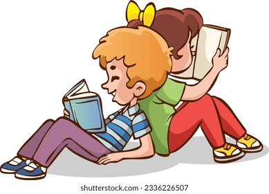 Pequeño y jovencito sentados leyendo un libro en el piso para aprender. chico inteligente. sonrisa feliz infantil al leer un libro de texto. caricatura de personajes ilustración infantil vectorial para educación y estudio.