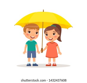 Cute little boy and girl stand with an umbrella. Happy school or preschool kids friends playing together. Funny cartoon character. Vector illustration. Isolated on white background