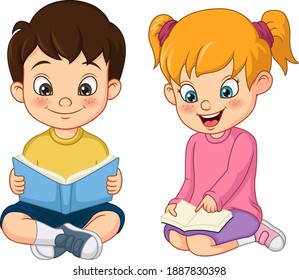 Cute little boy and girl students reading a book together