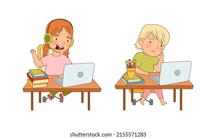 Cute little boy and girl studying online at home. Online education and e-learning cartoon vector illustration