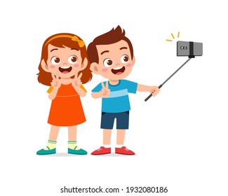 Cute Little Boy And Girl Take Selfie Together