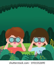 Cute little boy and girl watching something through binoculars in the forest. Children have summer outdoor adventure. kids summer camp background education Template for advertising brochure or poster