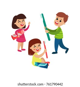 Cute little boy and girls characters playing with toothpaste and toothbrush, kids brushing their teeth together cartoon vector Illustration