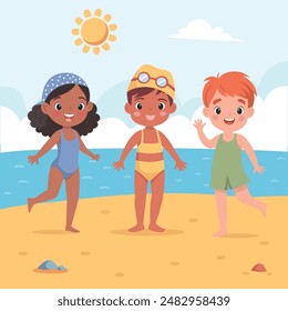 Cute little boy and girls in swimsuits, swimming cap, safety glasses and cap with vector illustration
