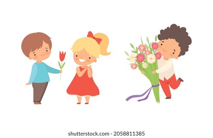 Cute Little Boy Giving Flowers to Girl Expressing Congratulations Vector Set