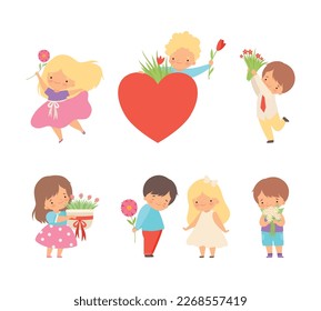 Cute Little Boy Giving Flowers to Girl Expressing Congratulations Vector Set
