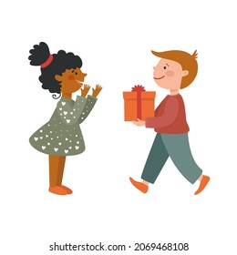 Cute little boy giving gift to girl. Excited female kid receiving present from friend. Child holding box with bow,  Happy Birthday Party.  Cartoon children, flat vector illustration isolated on white